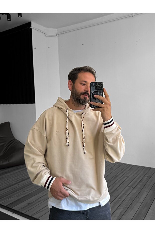 Bej Çizgi Ribanalı Kapüşonlu Sweatshirt JJ-38 - 5