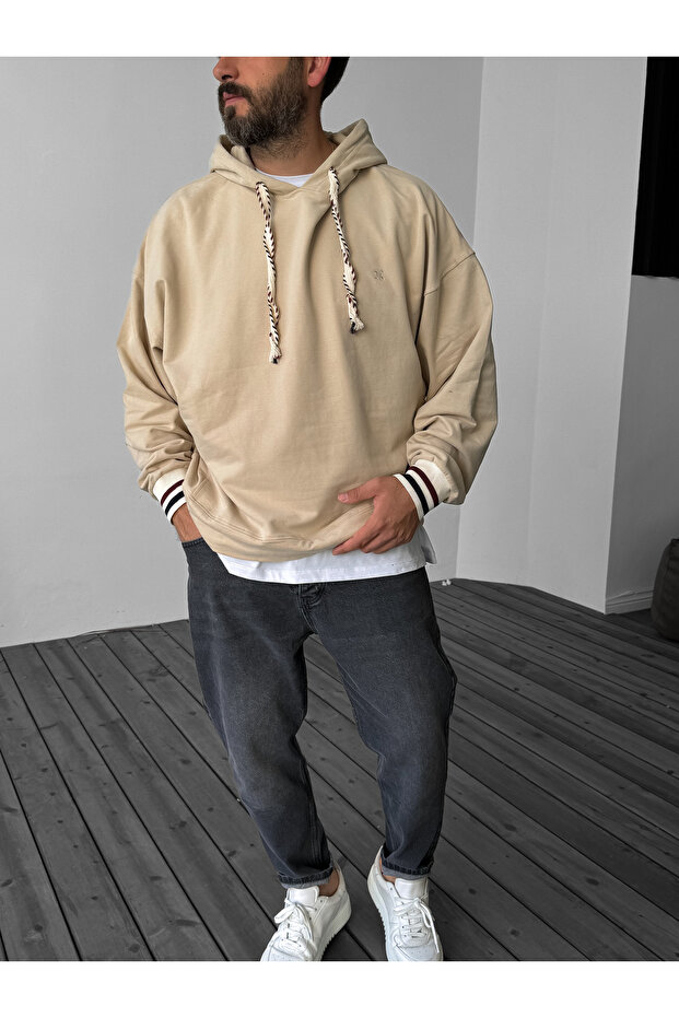 Bej Çizgi Ribanalı Kapüşonlu Sweatshirt JJ-38 - 2