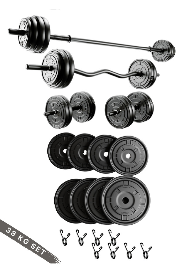 ygtsport 38 Kg ; 150 Cm Uzun Bar+ 120 Cm Z-barlı Megaset Halter Seti Ve Dambıl Seti Ağırlık Fitness Seti