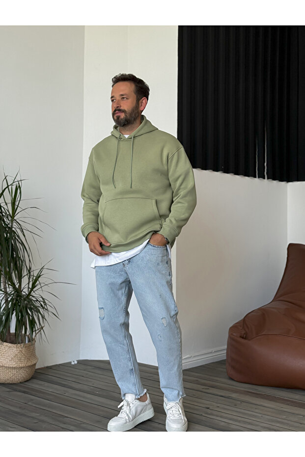 Yeşil Basic Kapüşonlu Sweatshirt BY-057 - 6