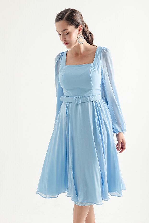 Women's Baby Blue Square Neck Belted Midi Chiffon Evening Dress