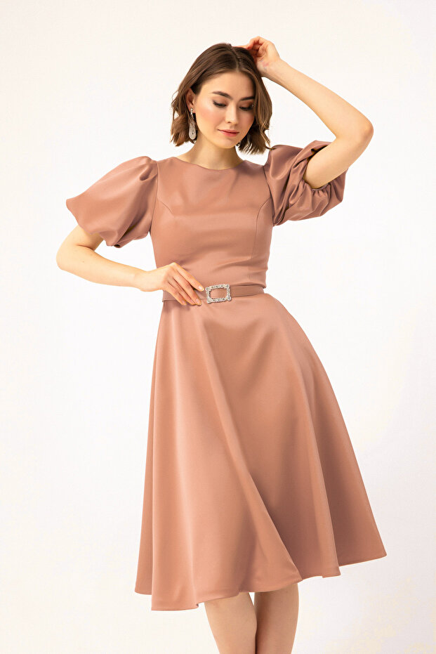 Women's Powder Balloon Sleeve Stone Belted Mini Satin Evening Dress