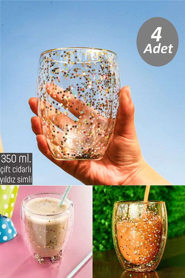4'lü Yıldız Simli Çift Cidarlı Bardak Kahve Sunum Kokteyl Bardağı Isıya Dayanıklı Borosilikat 350ml - 1