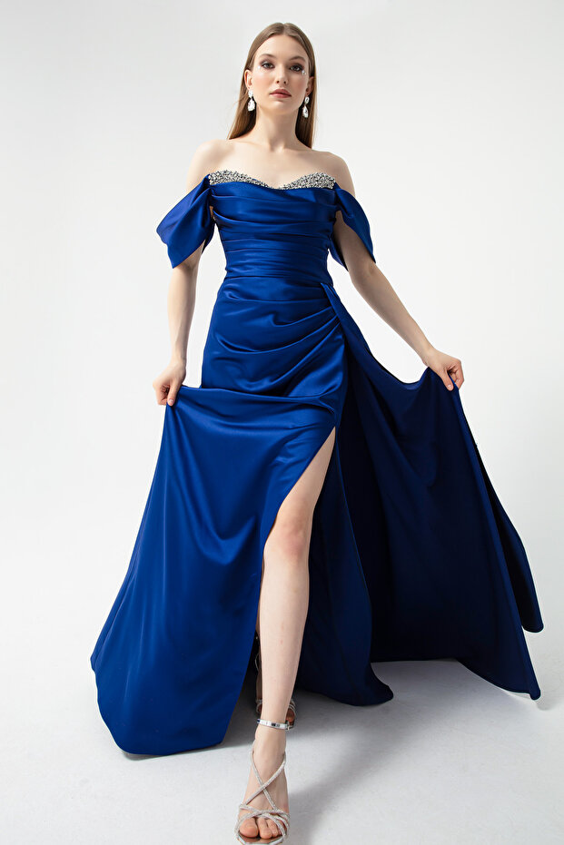 Women's Cobalt Slim Fit Boat Neck Slit Long Satin Evening Dress