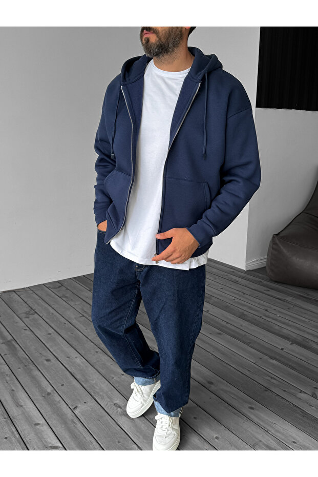 Lacivert Basic Fermuarlı Kapüşonlu Sweatshirt JJ-82 - 3