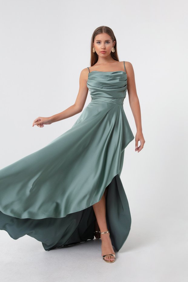 Women's Mint Green Flounce Slit Satin Evening Dress & Graduation Dress