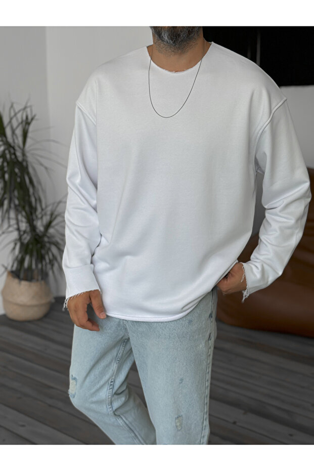 سويت شيرت أبيض أساسي بياقة متسخة BY-059 - 4