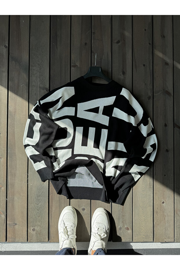 Siyah Letter İşlemeli Örme Sweatshirt JJ-103 - 7