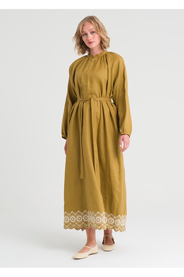Nakışlı Keten Elbise - 4