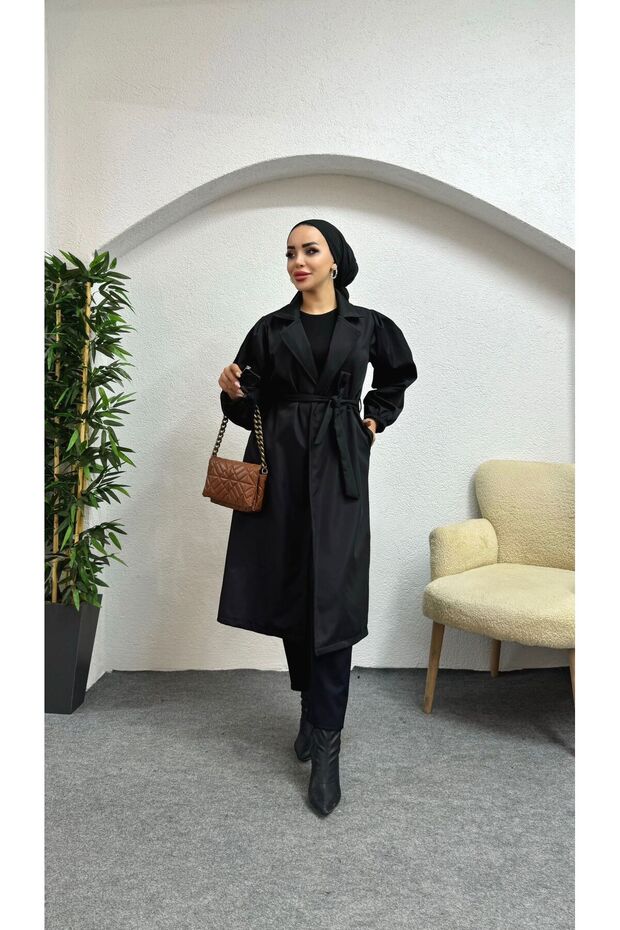 Balon Kol Düz Trençkot - 4