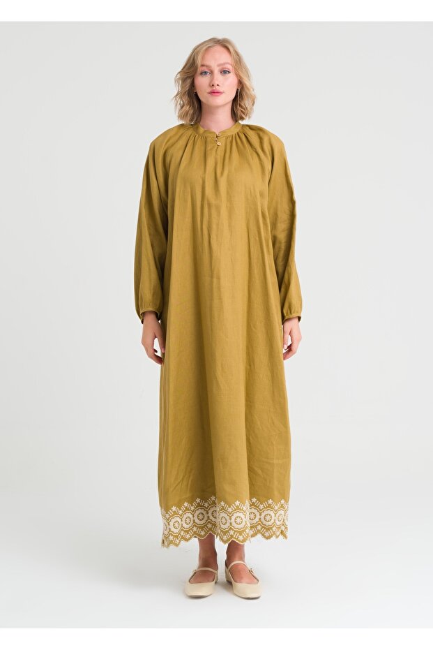 Nakışlı Keten Elbise - 7