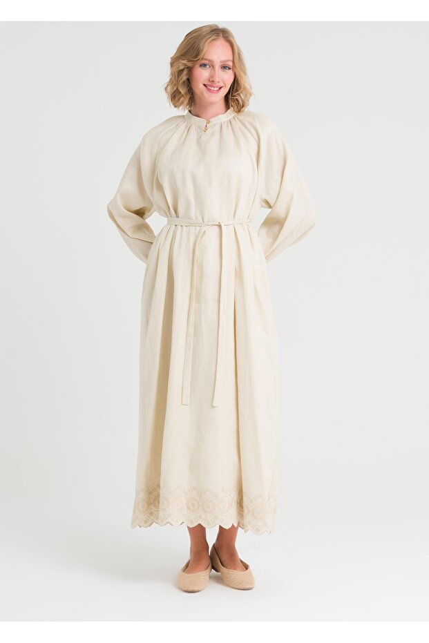 Nakışlı Keten Elbise - 3