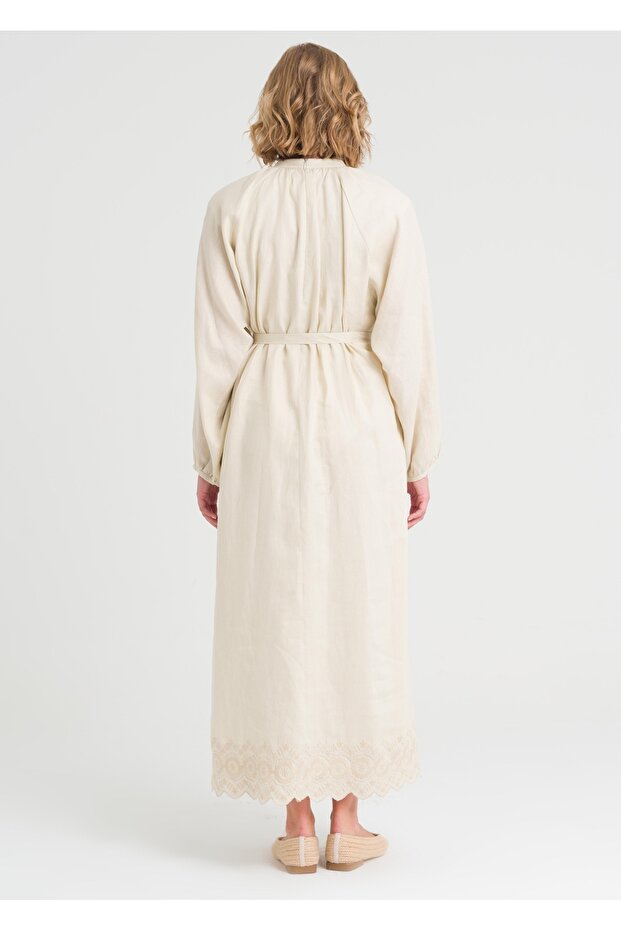 Nakışlı Keten Elbise - 2