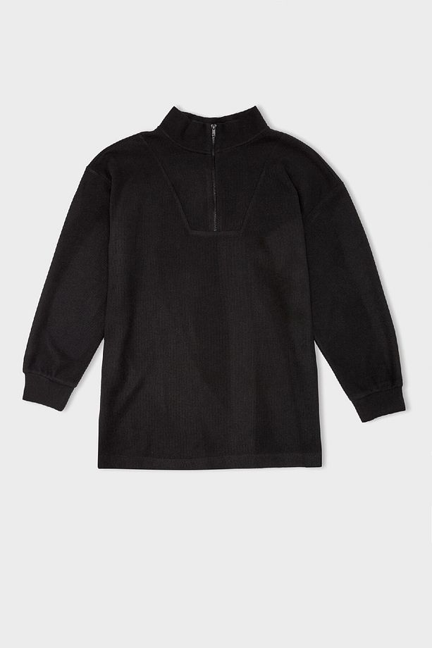 Regular Fit Fermuarlı Dik Yaka Selanik Kumaş Basic Düz Sweatshirt Tunik B4306ax24wn - 1
