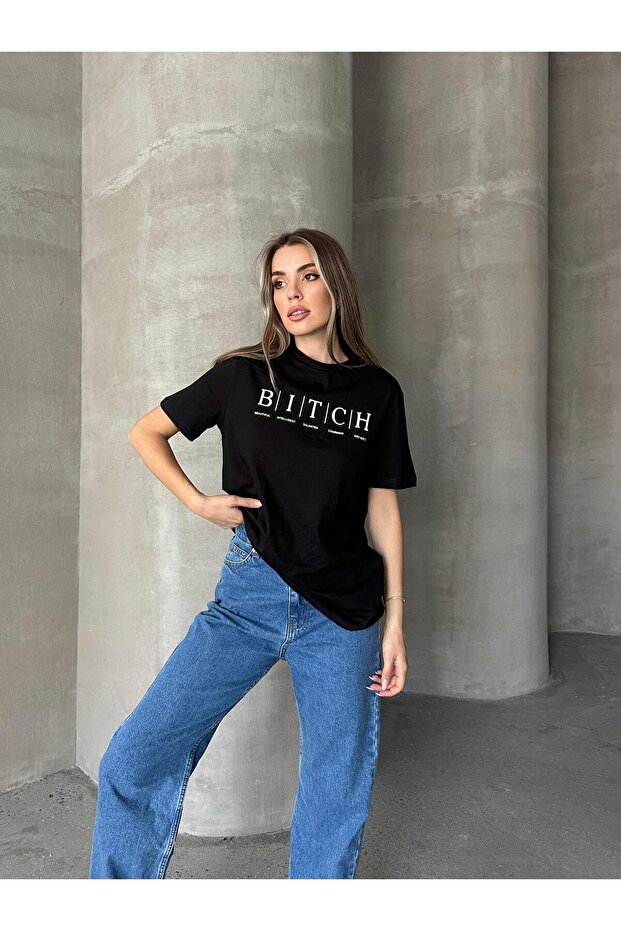 Bitch Baskı Basic T-Shirt Siyah - 4