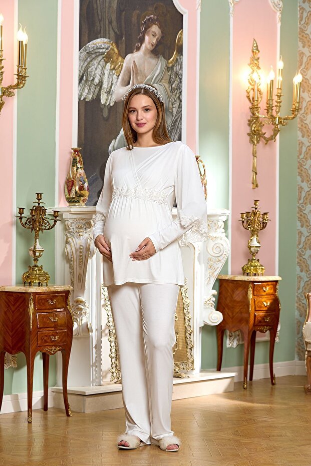 Double Breasted Neck Lace Maternity Pajamas Set - Long Sleeve Hijab Cossybyaqua 25123-42
