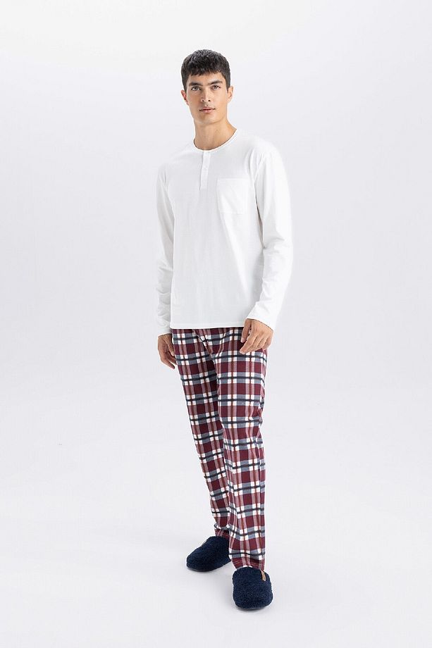 Pijama Takım Bisiklet Yaka Uzun Kollu Basic Düz Üst Kareli Beli Lastikli Alt D0943ax24wn - 1