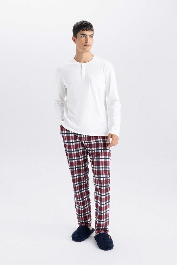 Pijama Takım Bisiklet Yaka Uzun Kollu Basic Düz Üst Kareli Beli Lastikli Alt D0943ax24wn - 3