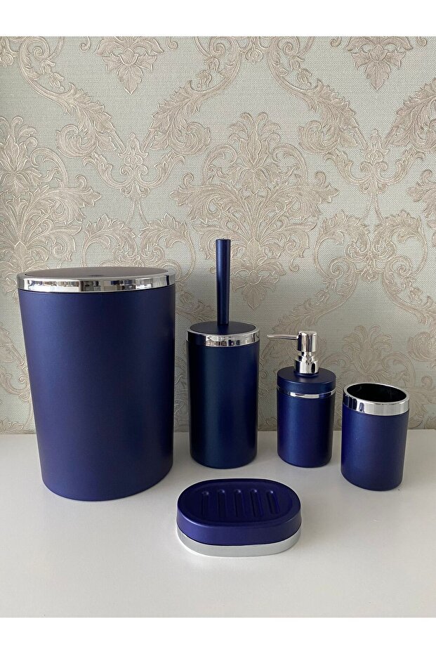 5 Parça Mat Mavi Gümüş Mat Banyo Seti - 1