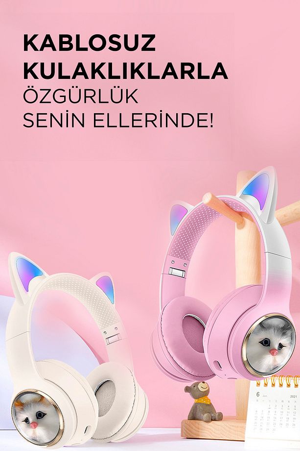 HD11 Pembe Sevimli Kedi Karükatür Kulak Led Işıklı 5.3 Bluetooth Kulak Üstü Kulaklık - 6