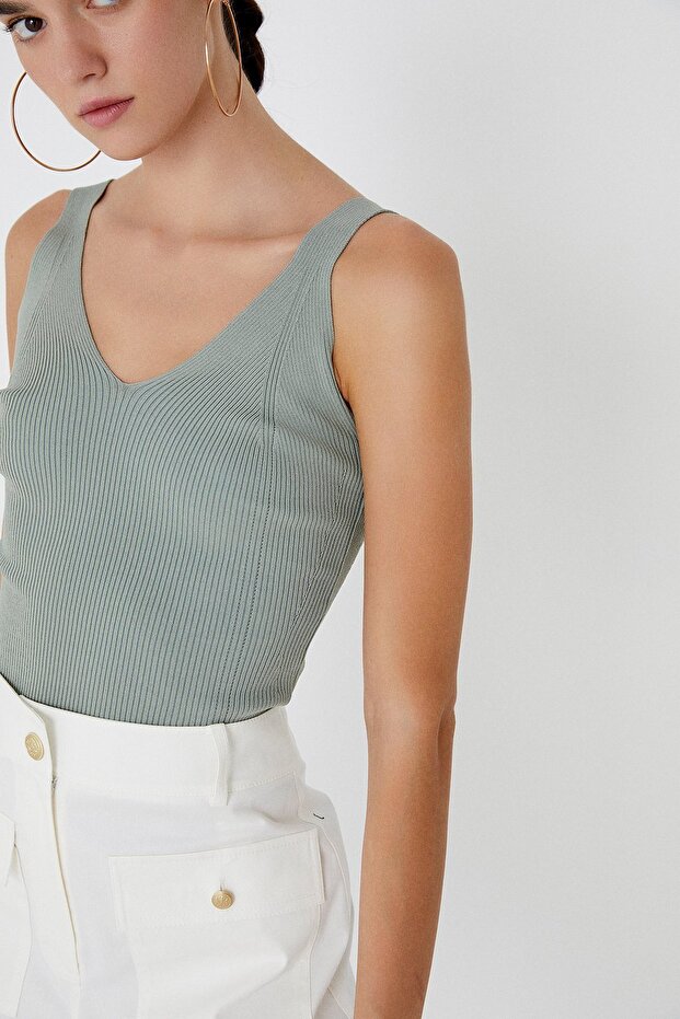 V Yaka Mint Triko Top - 4