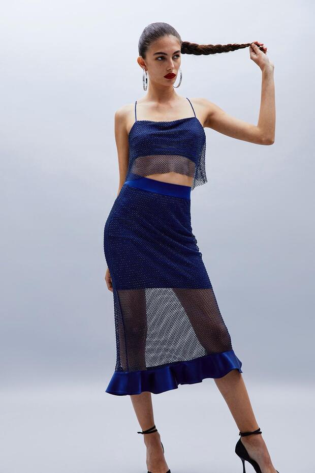Parlak Taşlı İndigo File Crop Top - 5