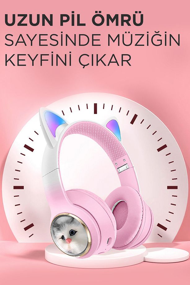 HD11 Pembe Sevimli Kedi Karükatür Kulak Led Işıklı 5.3 Bluetooth Kulak Üstü Kulaklık - 2