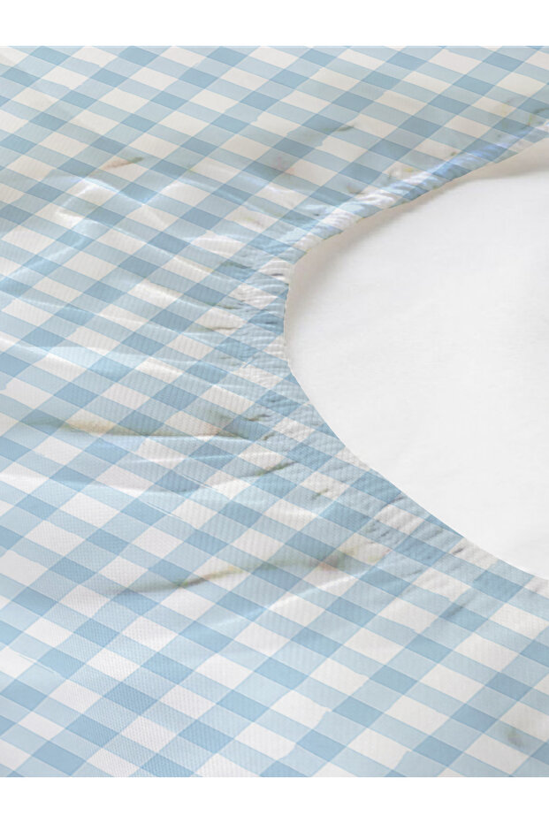 Blue Single Fitted Sheet Set - Gingham Patterned Print - 2