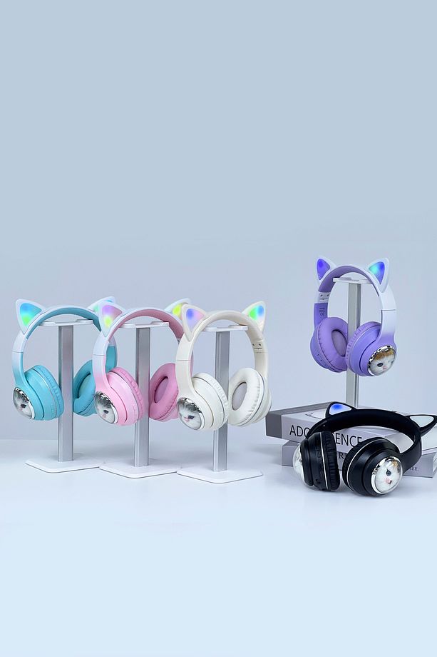 HD11 Pembe Sevimli Kedi Karükatür Kulak Led Işıklı 5.3 Bluetooth Kulak Üstü Kulaklık - 7