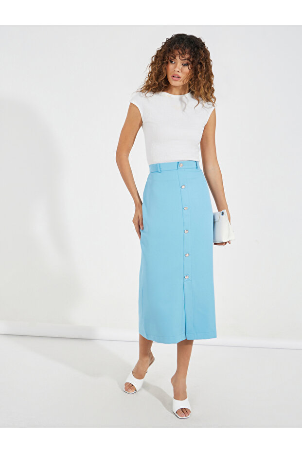 Button Detail Midi Skirt with Belt Loops