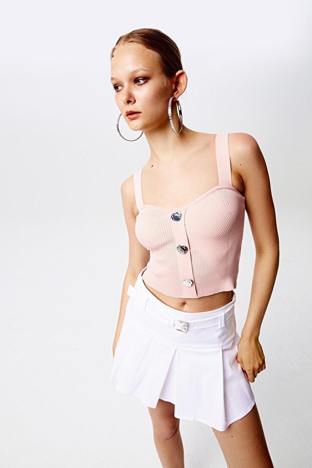 Düğmeli Pudra Triko Top - 7