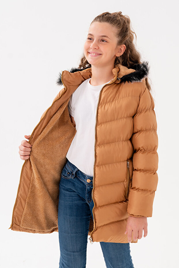 Girl's Camel Fleece Inside Furry Waterproof Thick Detachable Hooded Coat Coat