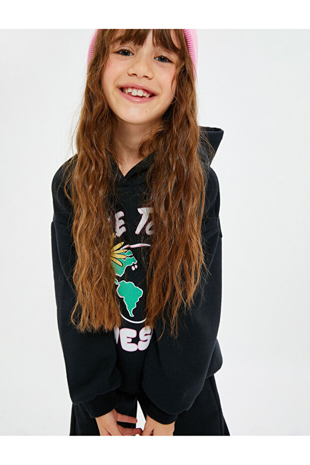 Hooded Sweatshirt Long Sleeve Print Detailed Raised