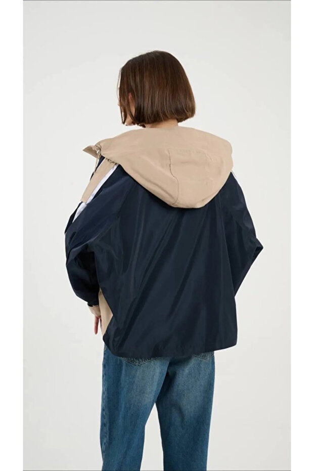 Oversize Şeritli Parka Kadın Yağmurluk - 4