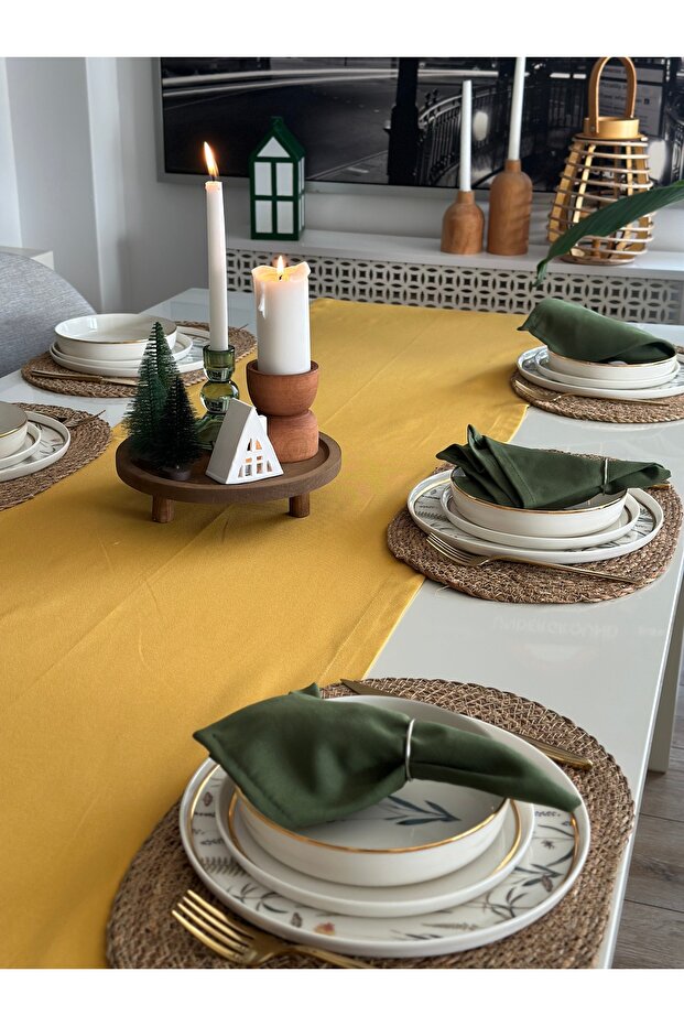 Aura Cotton Stain-Resistant Mustard Yellow Long Runner (Napkins Not Included)