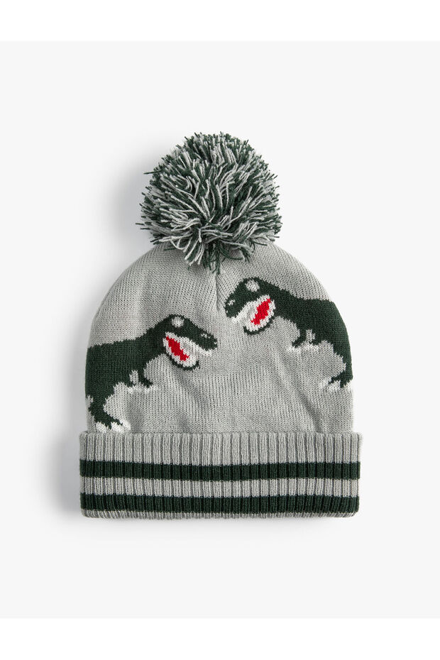 Knitwear Beret with Dinosaur Pattern and Pompom Detail