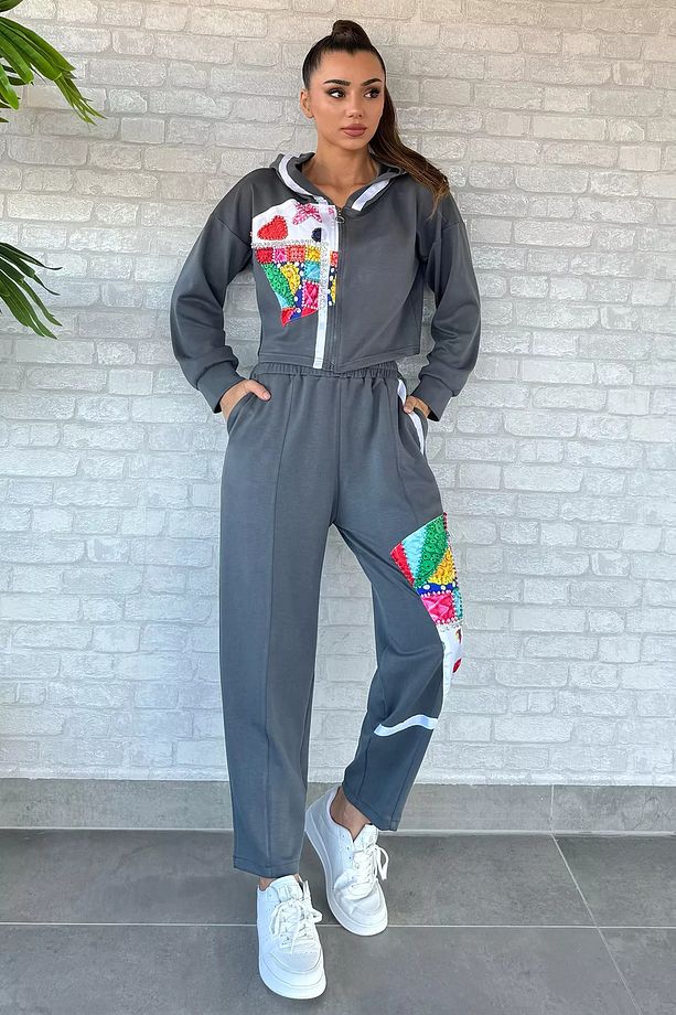 Gri Dijital Baskılı Sweat Pantolon İkili Takım - 1