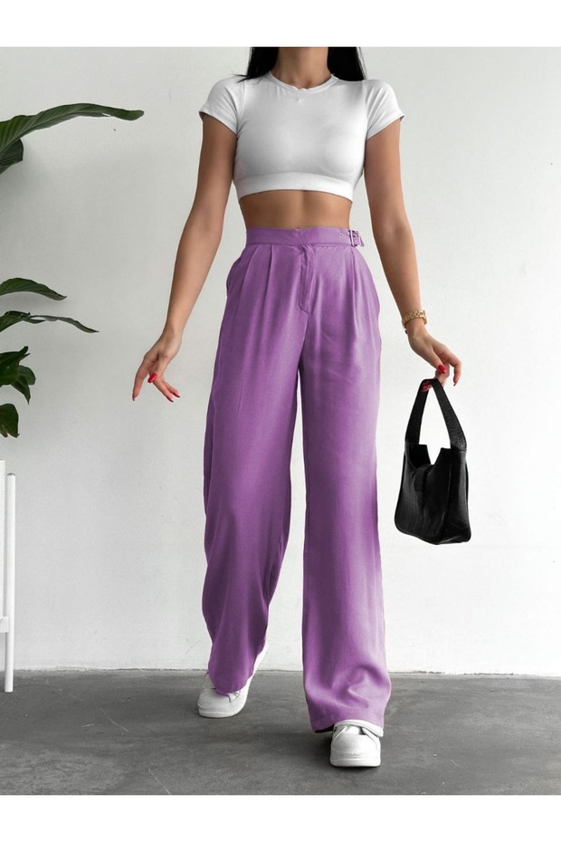 Lilac Belted Palazzo Linen Trousers High Waist