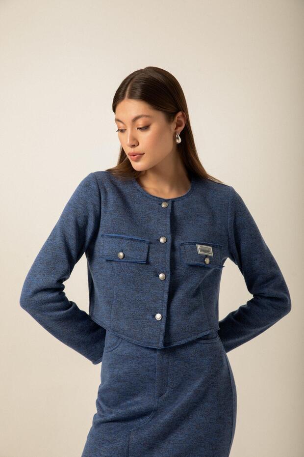 Cep kapağı Detaylı Örme Lacivert Ceket - 1