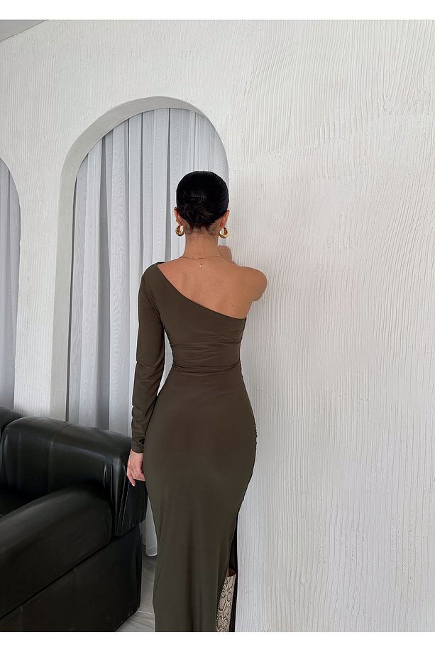Kadın Haki Tek Kol Yanı Ve Omzu Büzgülü Drapeli Uzun Kol Elbise - 4