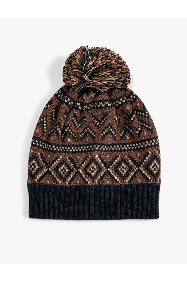 Knitted Beret Ethnic Patterned with Pompom Detail
