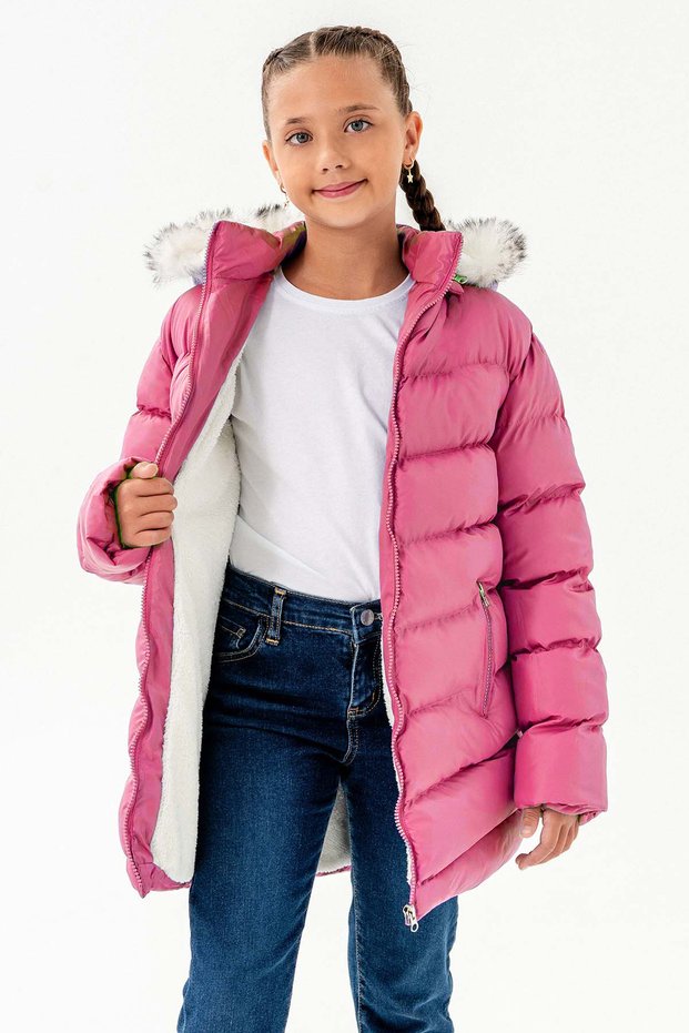 Girl's Rose Fleece Furry Waterproof Thick Detachable Hooded Coat Coat