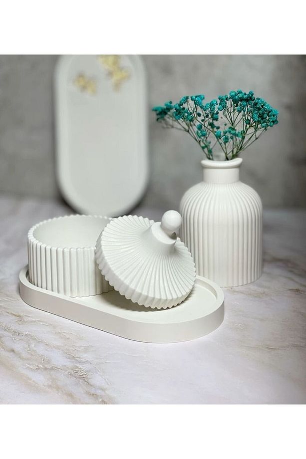 3 lü set Oval tepsi vazo kapaklı dekoratif kutu obje süs eşyası biblo - 2