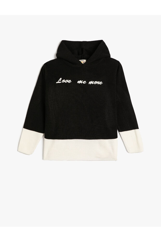 Hooded Knitwear Sweater Color Blocked Embroidered Long Sleeve