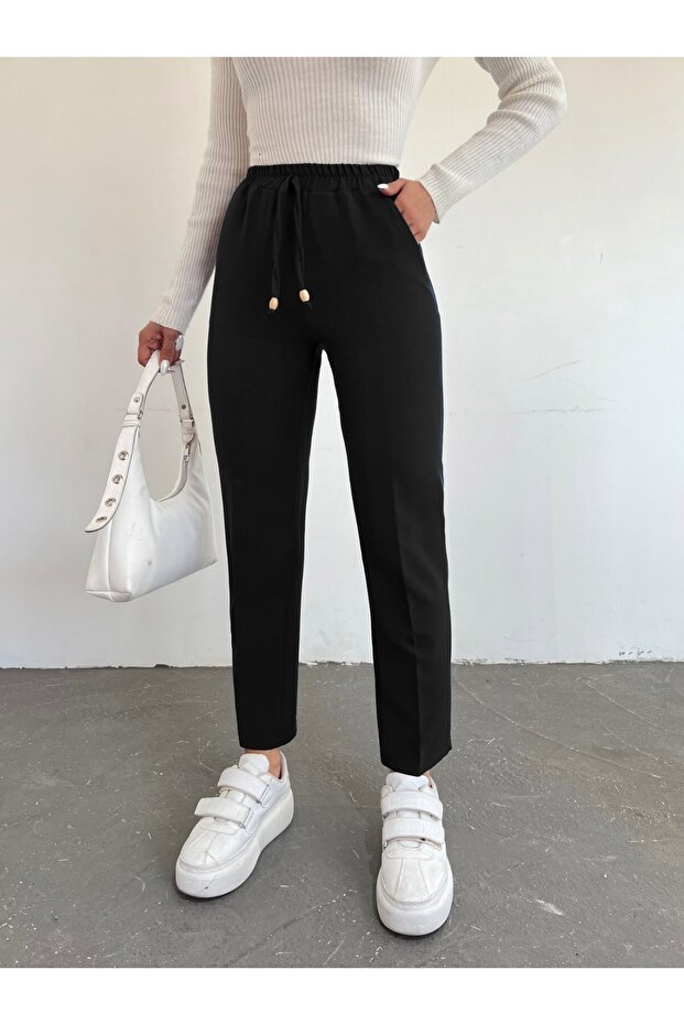 Elastic Waist Double Pocket Trousers with Lace Detail - Black