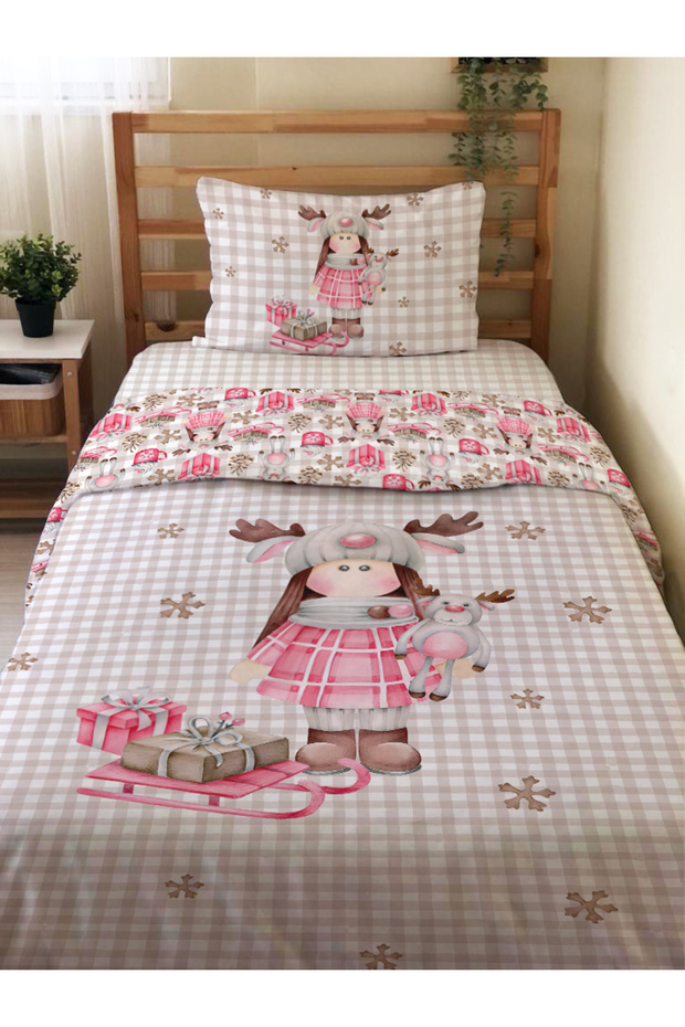 Cute Girl Patterned No Sheet Set of 2 Printed Single Duvet Cover Set 160X220 cm Pink