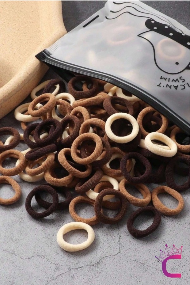 Set of 100 Daily Coffee-Tone Small Rubber Hair Clips with Bags - Soft Elastic Hair Clips for Girls