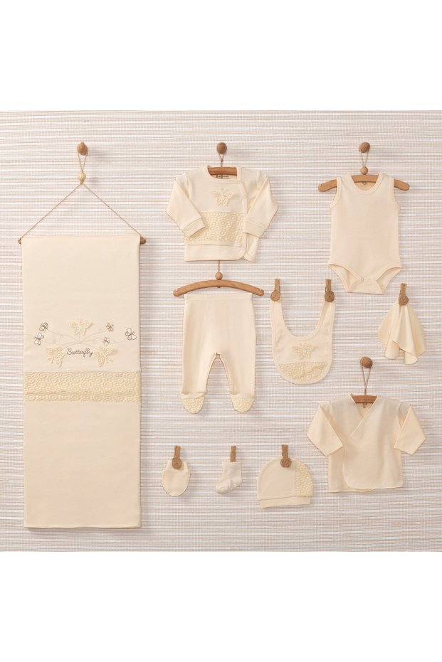 Unisex Baby Beige Organic Butterfly 10 Piece Newborn Hospital Discharge Set Alze003