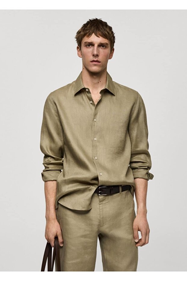 %100 keten regular kesim gömlek - 1