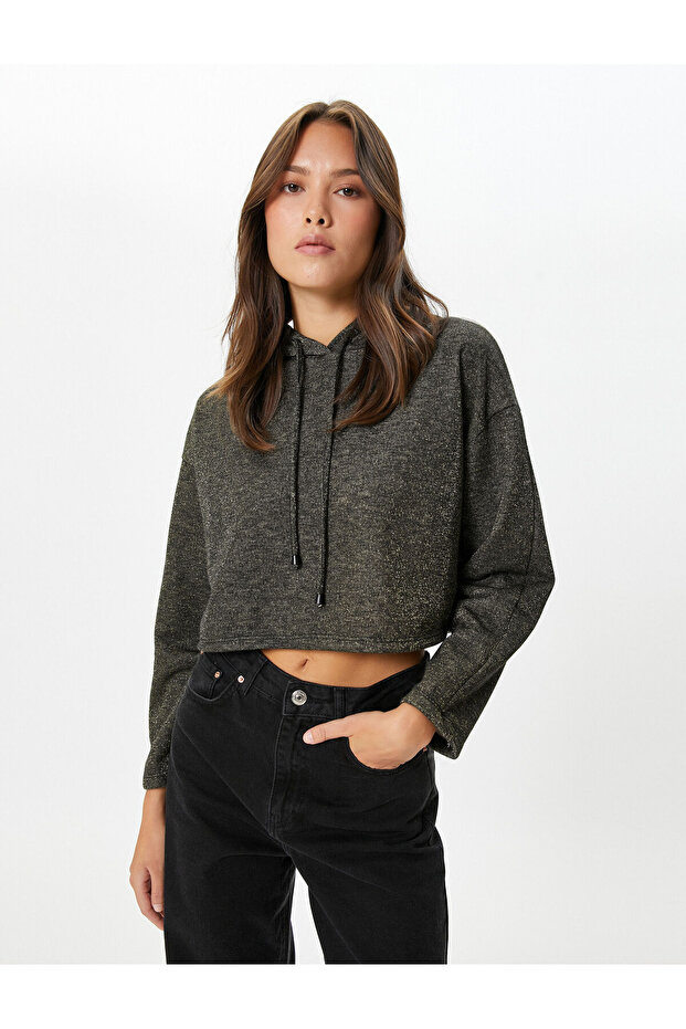 Hooded Crop Sweatshirt Glitter Long Sleeve